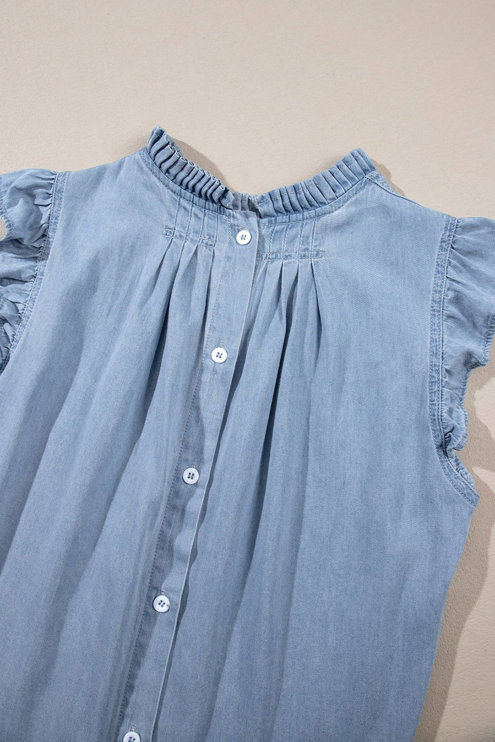 Beau Blue Frilly Pleated Button Back Retro Denim Sleeveless Shirts - Vesteeto