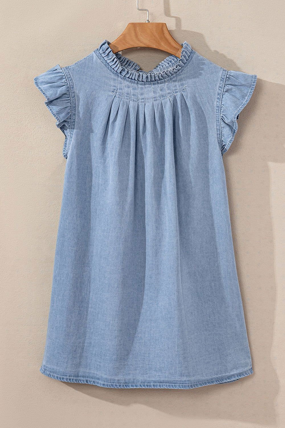 Beau Blue Frilly Pleated Button Back Retro Denim Sleeveless Shirts - Vesteeto