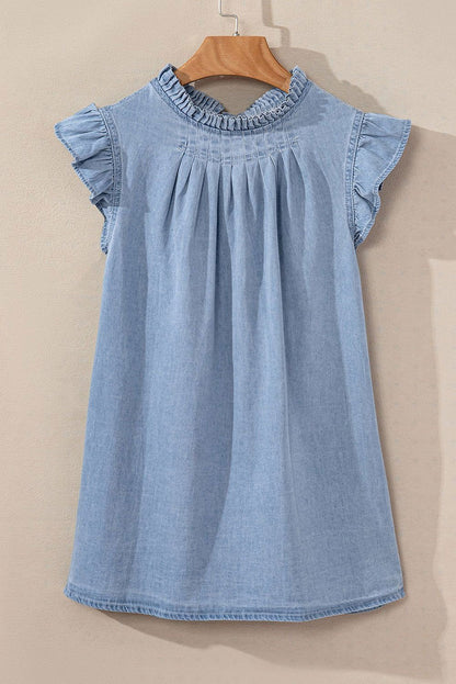 Beau Blue Frilly Pleated Button Back Retro Denim Sleeveless Shirts - Vesteeto