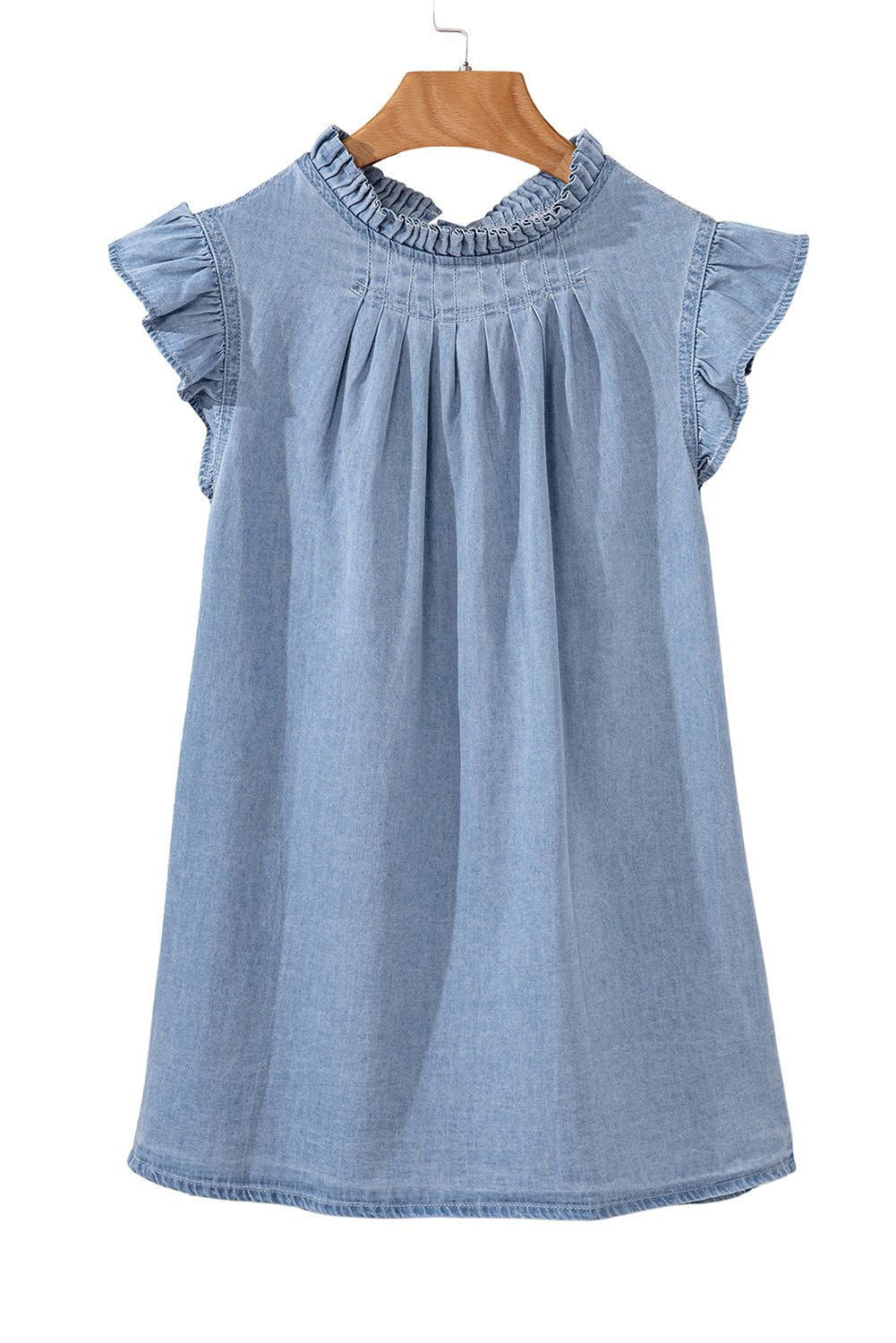 Beau Blue Frilly Pleated Button Back Retro Denim Sleeveless Shirts - Vesteeto