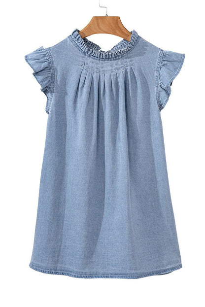 Beau Blue Frilly Pleated Button Back Retro Denim Sleeveless Shirts - Vesteeto