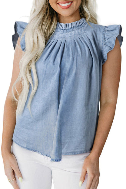 Beau Blue Frilly Pleated Button Back Retro Denim Sleeveless Shirts - Vesteeto