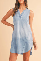 Beau Blue Light Wash Split Neck Sleeveless Chambray Dress - Vesteeto