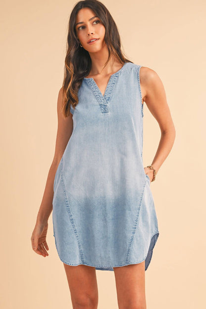 Beau Blue Light Wash Split Neck Sleeveless Chambray Dress - Vesteeto