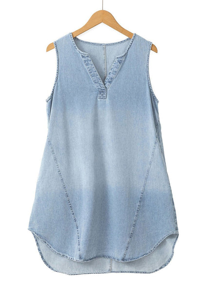 Beau Blue Light Wash Split Neck Sleeveless Chambray Dress - Vesteeto