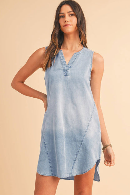 Beau Blue Light Wash Split Neck Sleeveless Chambray Dress - Vesteeto