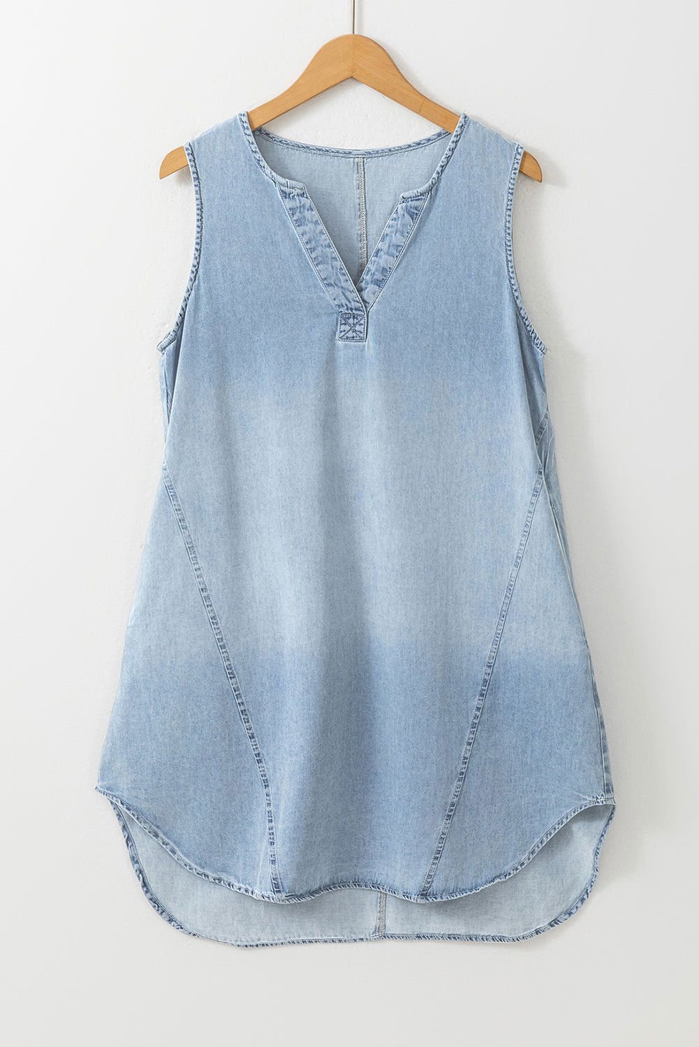 Beau Blue Light Wash Split Neck Sleeveless Chambray Dress - Vesteeto