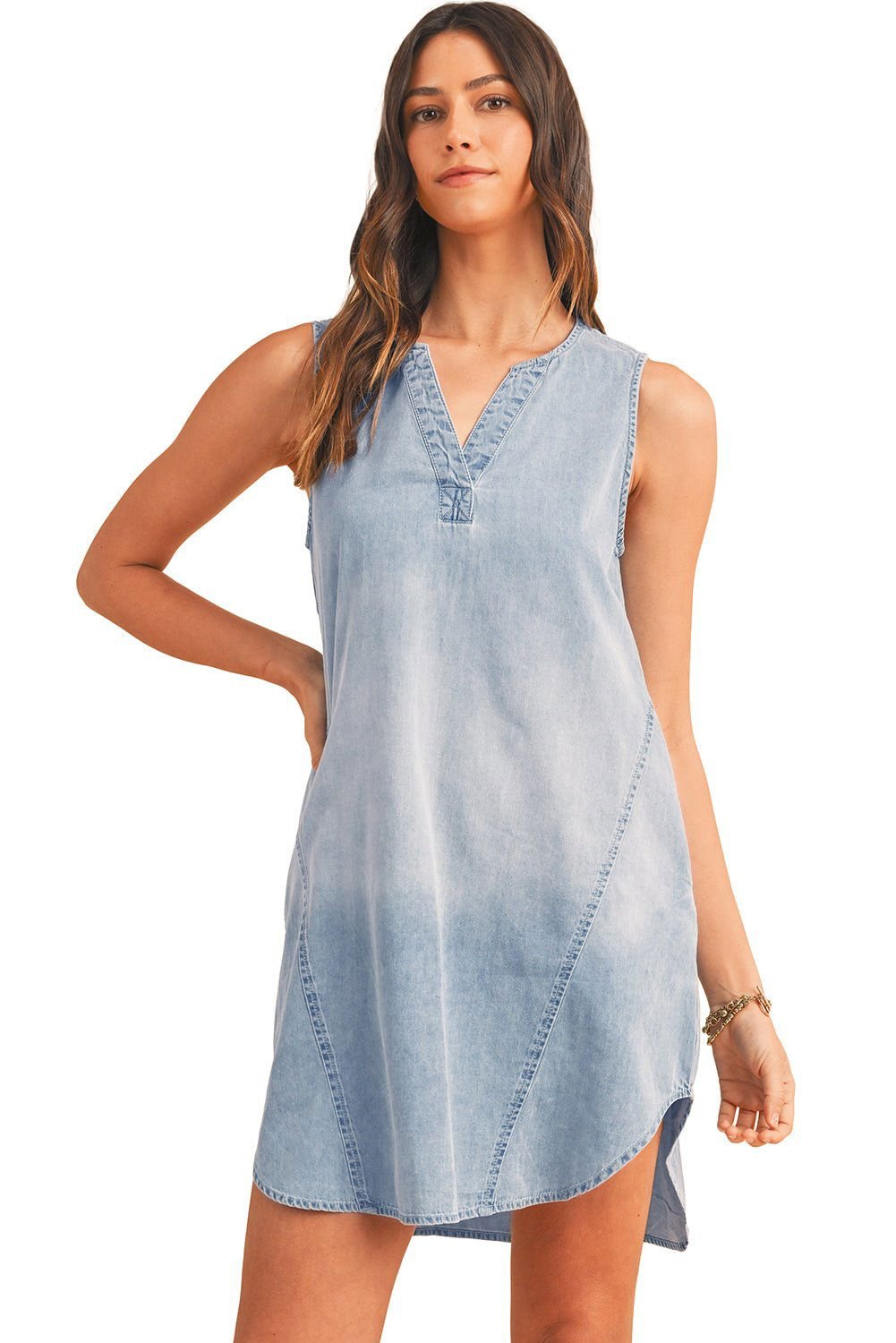 Beau Blue Light Wash Split Neck Sleeveless Chambray Dress - Vesteeto