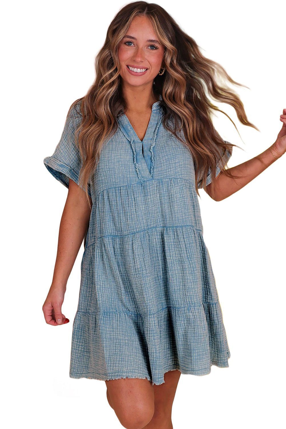 Beau Blue Mineral Wash Crinkle Split Neck Raw Hem Tiered Dress - Vesteeto