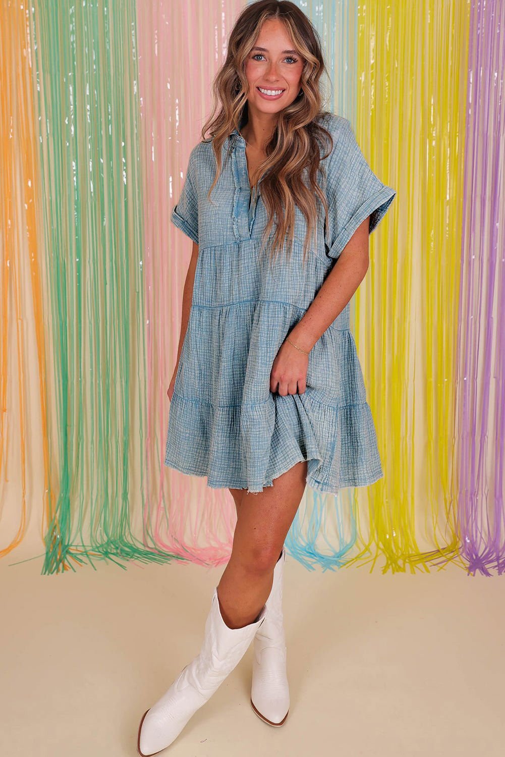 Beau Blue Mineral Wash Crinkle Split Neck Raw Hem Tiered Dress - Vesteeto