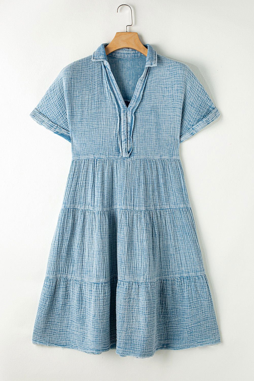 Beau Blue Mineral Wash Crinkle Split Neck Raw Hem Tiered Dress - Vesteeto