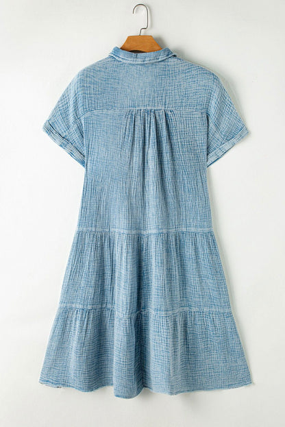 Beau Blue Mineral Wash Crinkle Split Neck Raw Hem Tiered Dress - Vesteeto