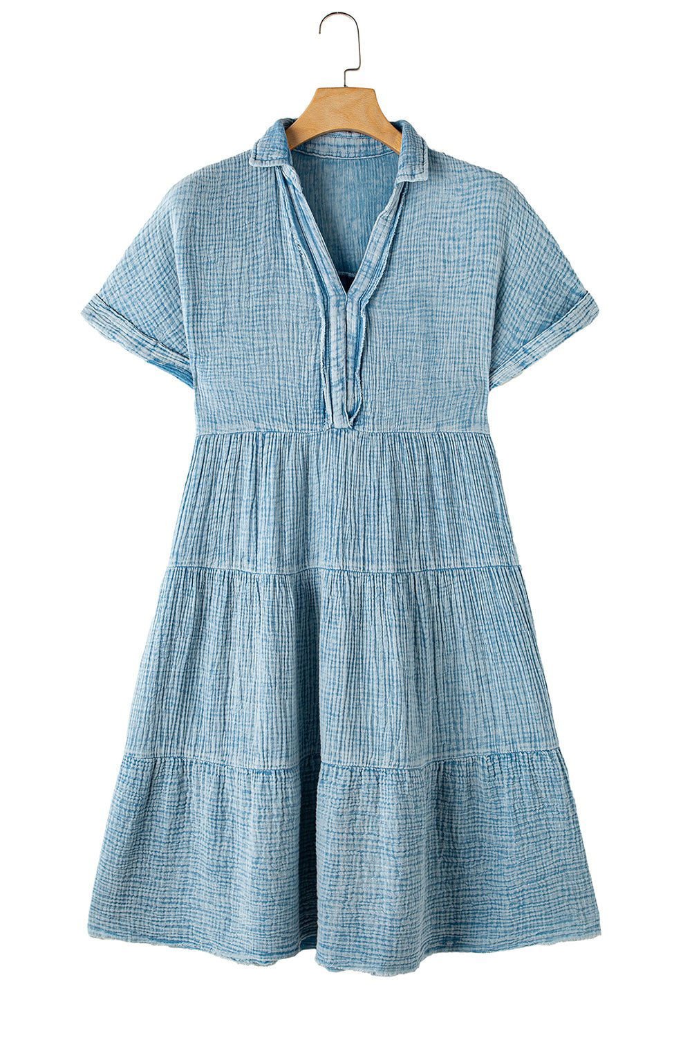 Beau Blue Mineral Wash Crinkle Split Neck Raw Hem Tiered Dress - Vesteeto