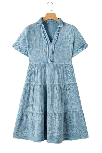 Beau Blue Mineral Wash Crinkle Split Neck Raw Hem Tiered Dress - Vesteeto