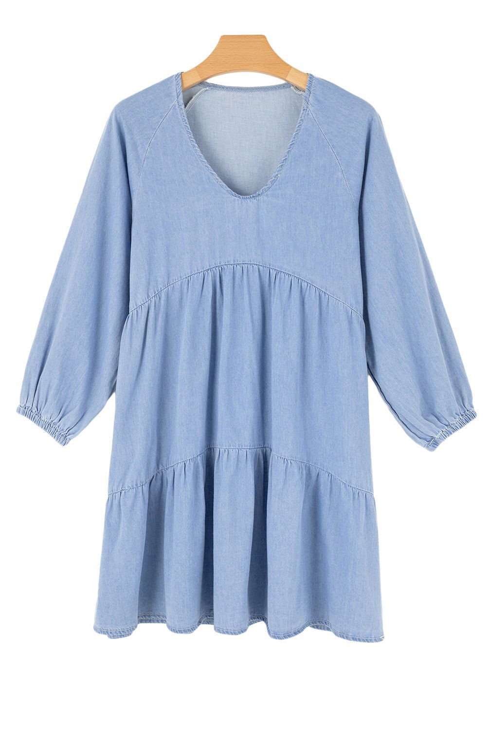 Beau Blue Puff Sleeve V Neck Tiered Ruffled Chambray Mini Dress - Vesteeto