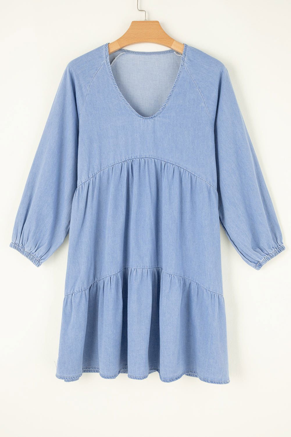 Beau Blue Puff Sleeve V Neck Tiered Ruffled Chambray Mini Dress - Vesteeto