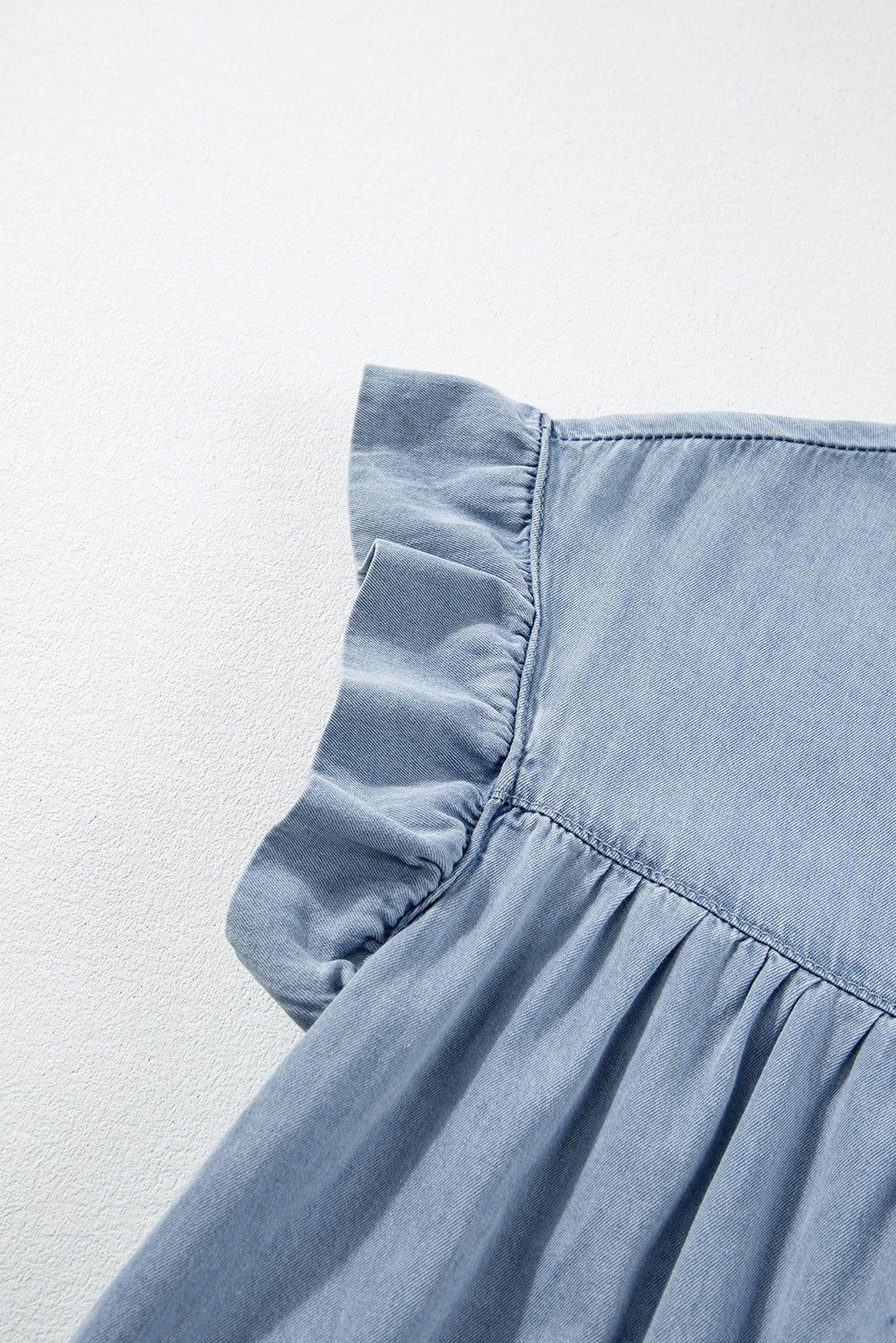 Beau Blue Ruffle Short Sleeve Tiered A - line Denim Dress - Vesteeto