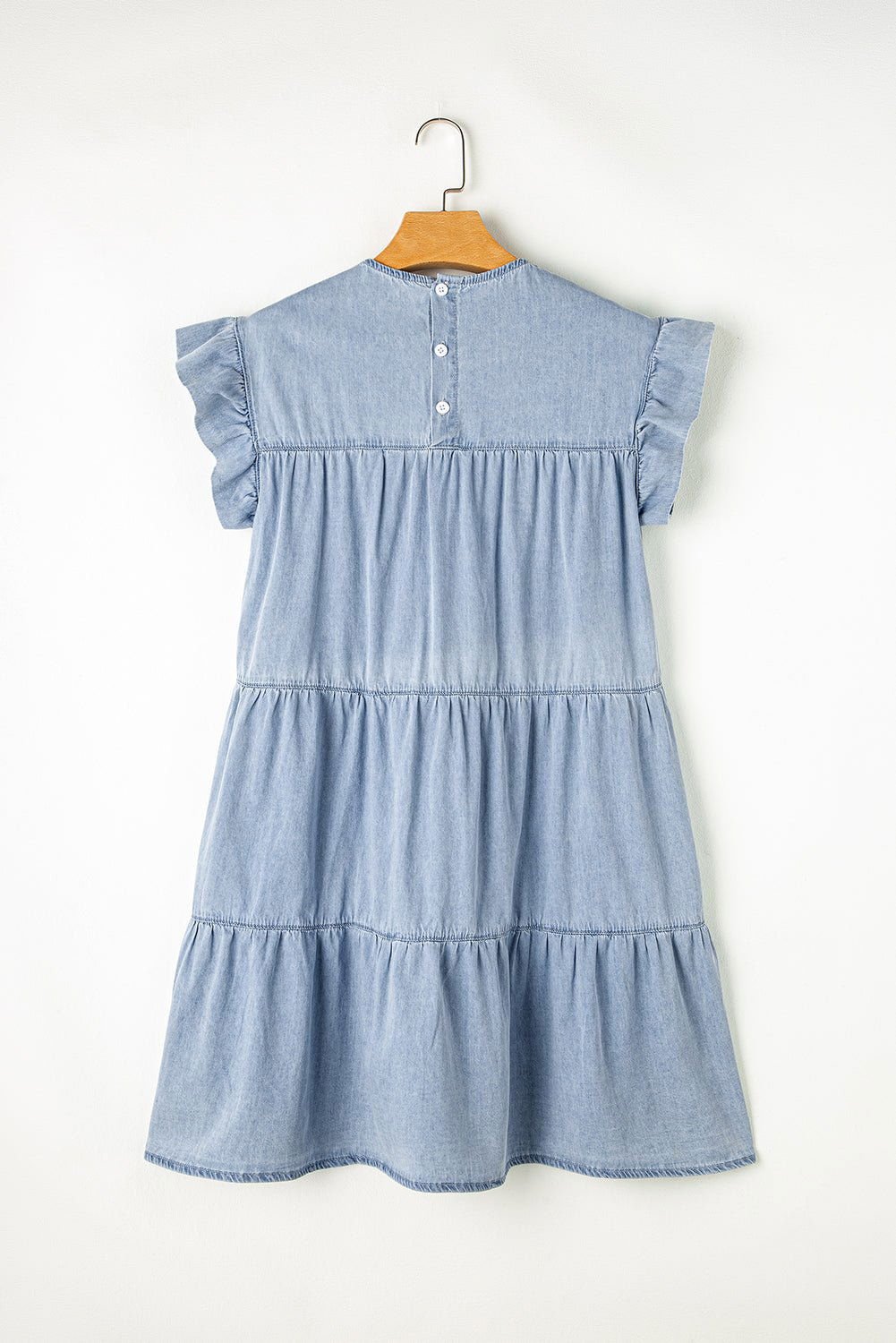 Beau Blue Ruffle Short Sleeve Tiered A - line Denim Dress - Vesteeto