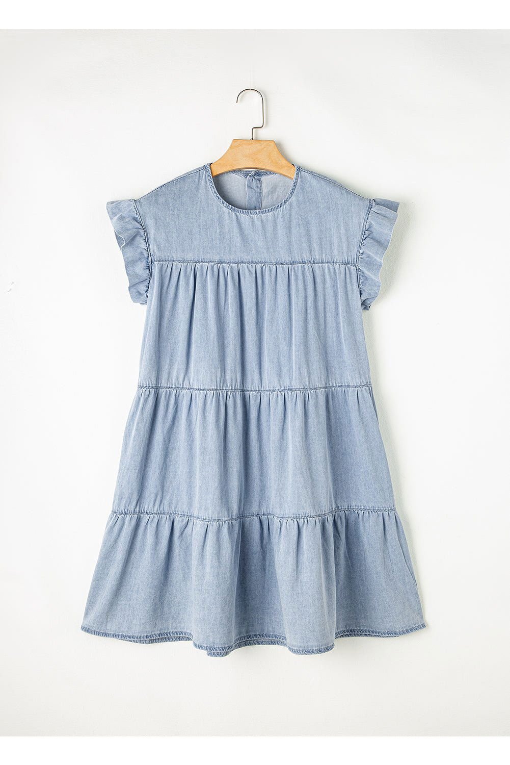 Beau Blue Ruffle Short Sleeve Tiered A - line Denim Dress - Vesteeto