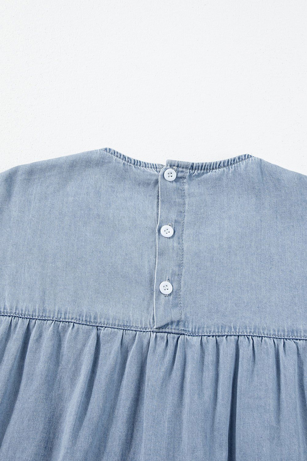 Beau Blue Ruffle Short Sleeve Tiered A - line Denim Dress - Vesteeto