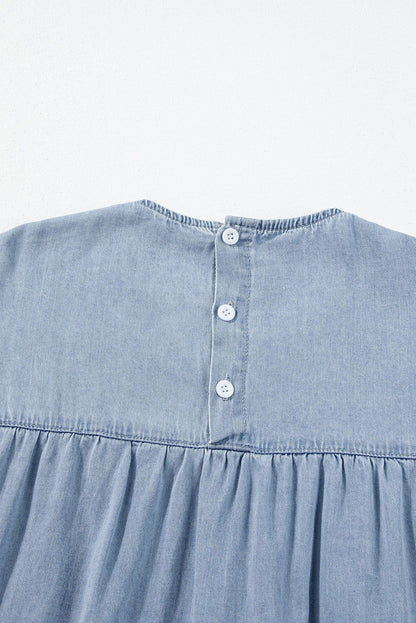 Beau Blue Ruffle Short Sleeve Tiered A - line Denim Dress - Vesteeto