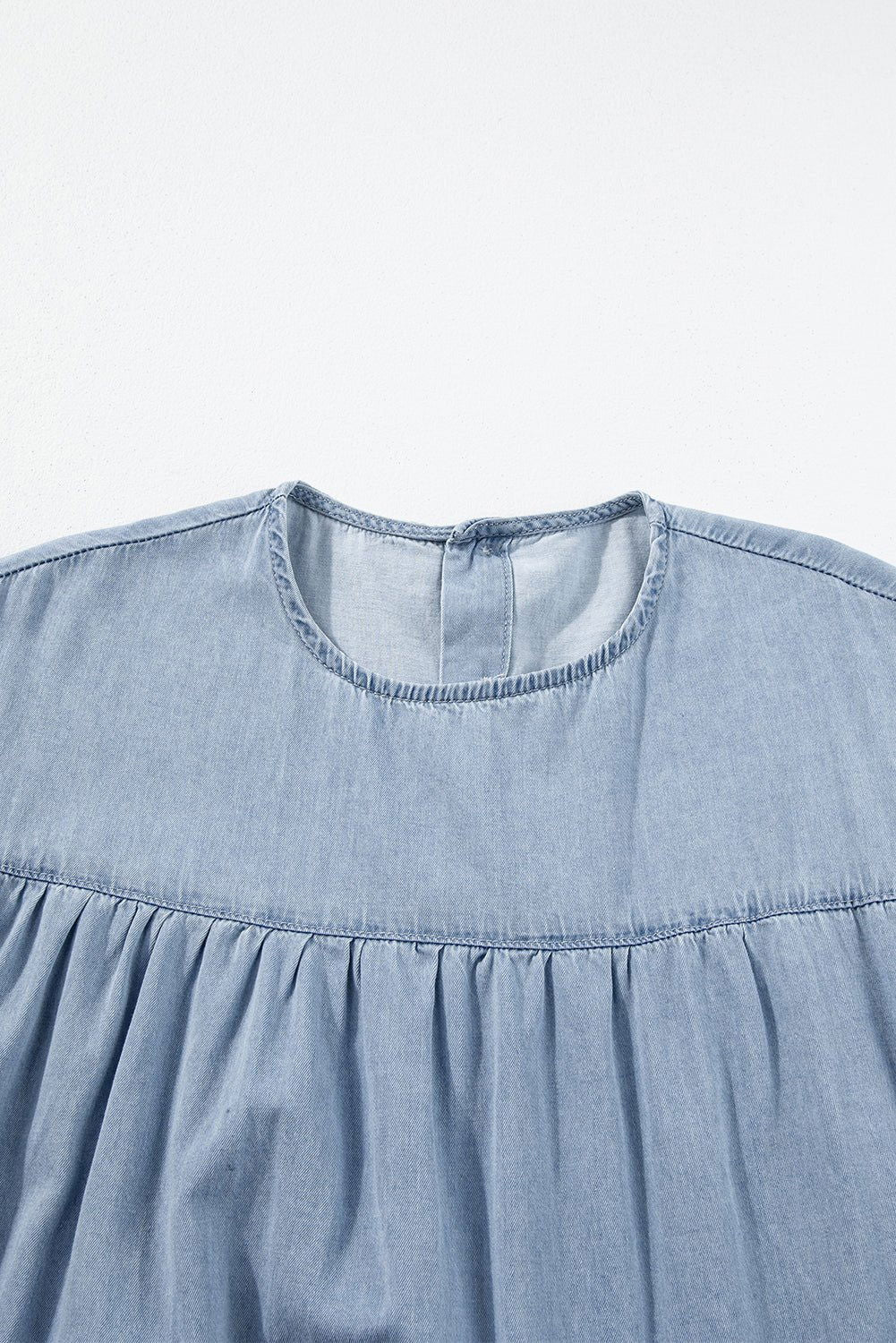 Beau Blue Ruffle Short Sleeve Tiered A - line Denim Dress - Vesteeto