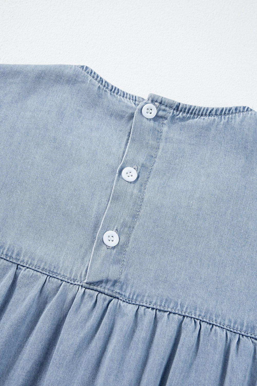 Beau Blue Ruffle Short Sleeve Tiered A - line Denim Dress - Vesteeto