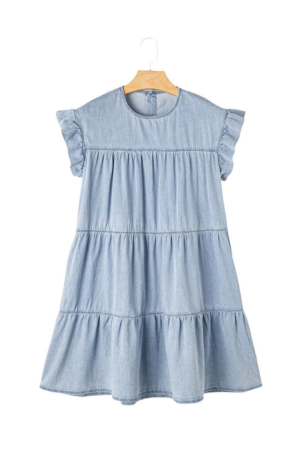 Beau Blue Ruffle Short Sleeve Tiered A - line Denim Dress - Vesteeto