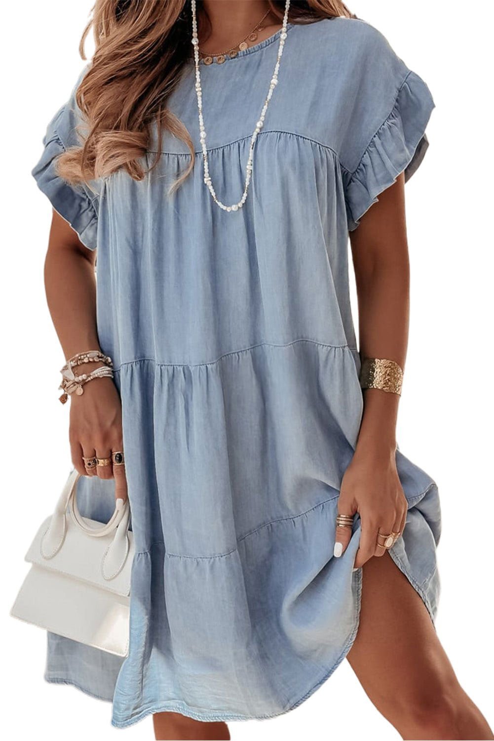 Beau Blue Ruffle Short Sleeve Tiered A - line Denim Dress - Vesteeto