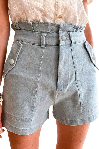 Beau Blue Ruffled High Waist Flap Pockets Denim Shorts - Vesteeto