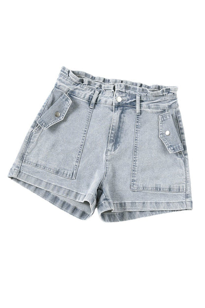 Beau Blue Ruffled High Waist Flap Pockets Denim Shorts - Vesteeto