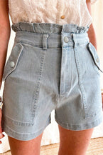 Beau Blue Ruffled High Waist Flap Pockets Denim Shorts - Vesteeto