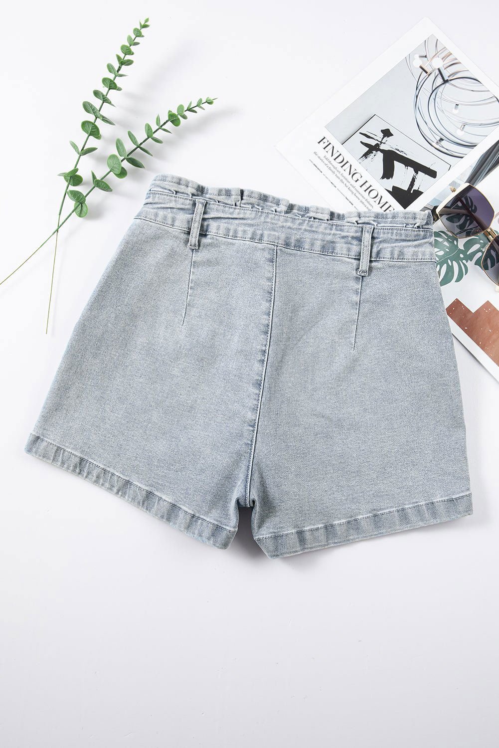 Beau Blue Ruffled High Waist Flap Pockets Denim Shorts - Vesteeto