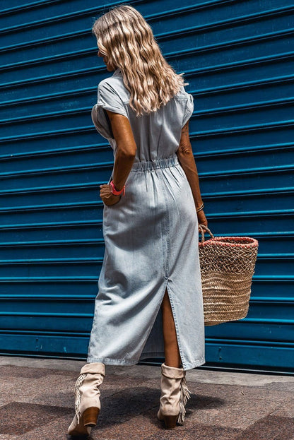 Beau Blue Short Batwing Sleeve Slit Back Denim Maxi Dress - Vesteeto