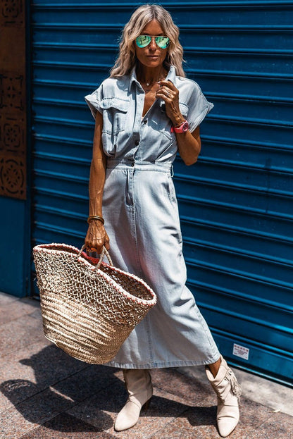 Beau Blue Short Batwing Sleeve Slit Back Denim Maxi Dress - Vesteeto