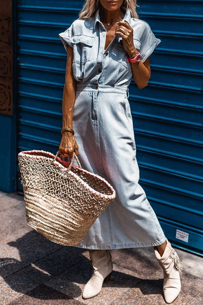 Beau Blue Short Batwing Sleeve Slit Back Denim Maxi Dress - Vesteeto