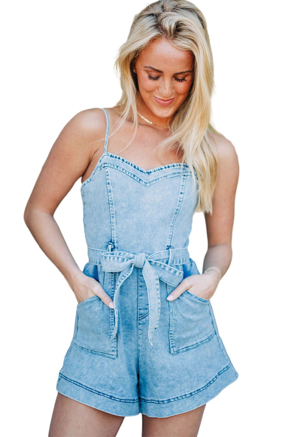 Beau Blue Spaghetti Straps Belted Denim Romper - Vesteeto