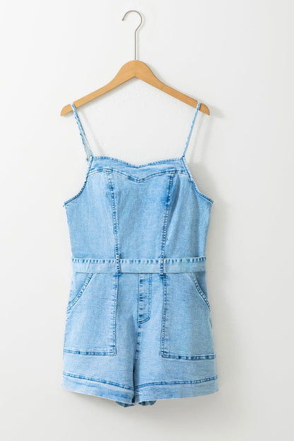 Beau Blue Spaghetti Straps Belted Denim Romper - Vesteeto