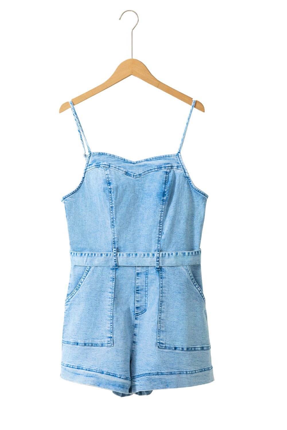 Beau Blue Spaghetti Straps Belted Denim Romper - Vesteeto