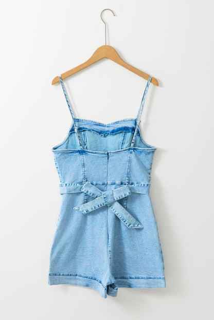 Beau Blue Spaghetti Straps Belted Denim Romper - Vesteeto