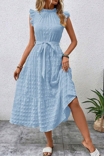 Beau Blue Textured Mock Neck Ruffled Sleeveless Midi Dress - Vesteeto