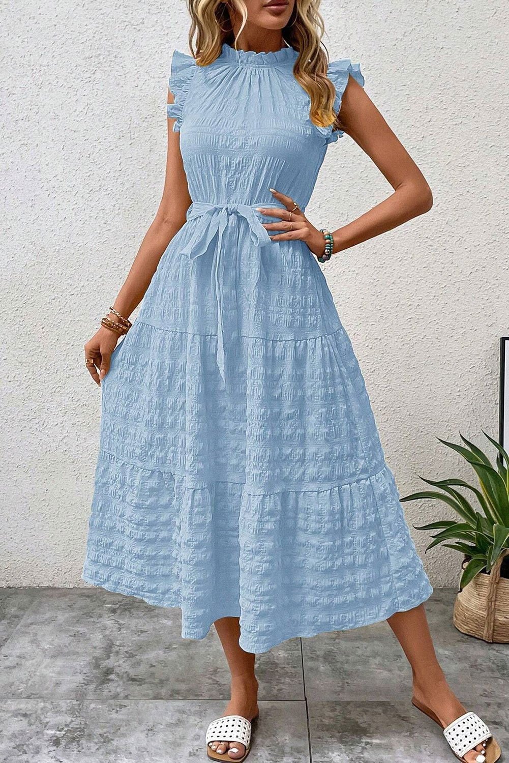 Beau Blue Textured Mock Neck Ruffled Sleeveless Midi Dress - Vesteeto