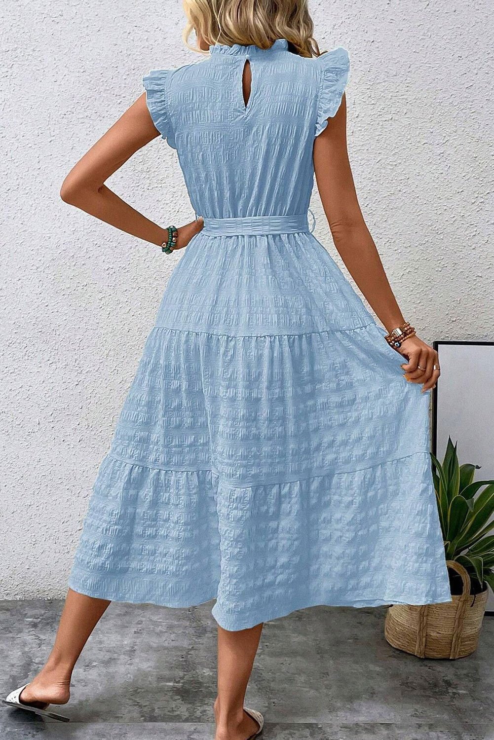 Beau Blue Textured Mock Neck Ruffled Sleeveless Midi Dress - Vesteeto