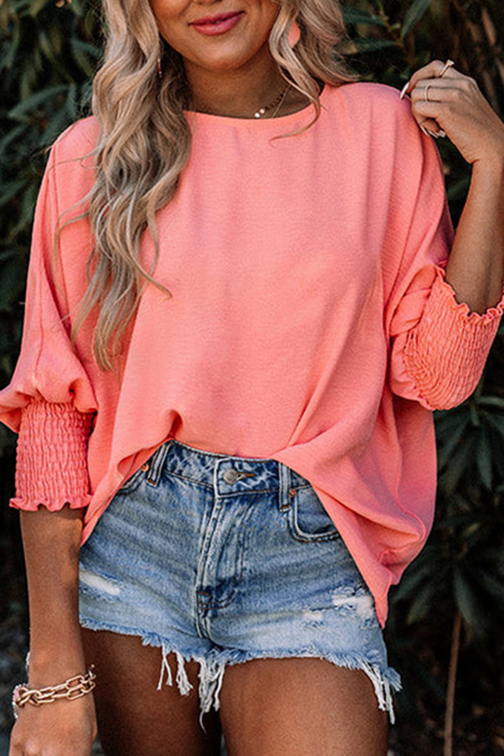 Pink Casual Shirred Cuffs Half Sleeve Blouse 