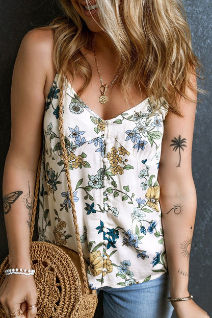 Beige Boho Floral Print Buttoned V Neck Cami Top - Vesteeto