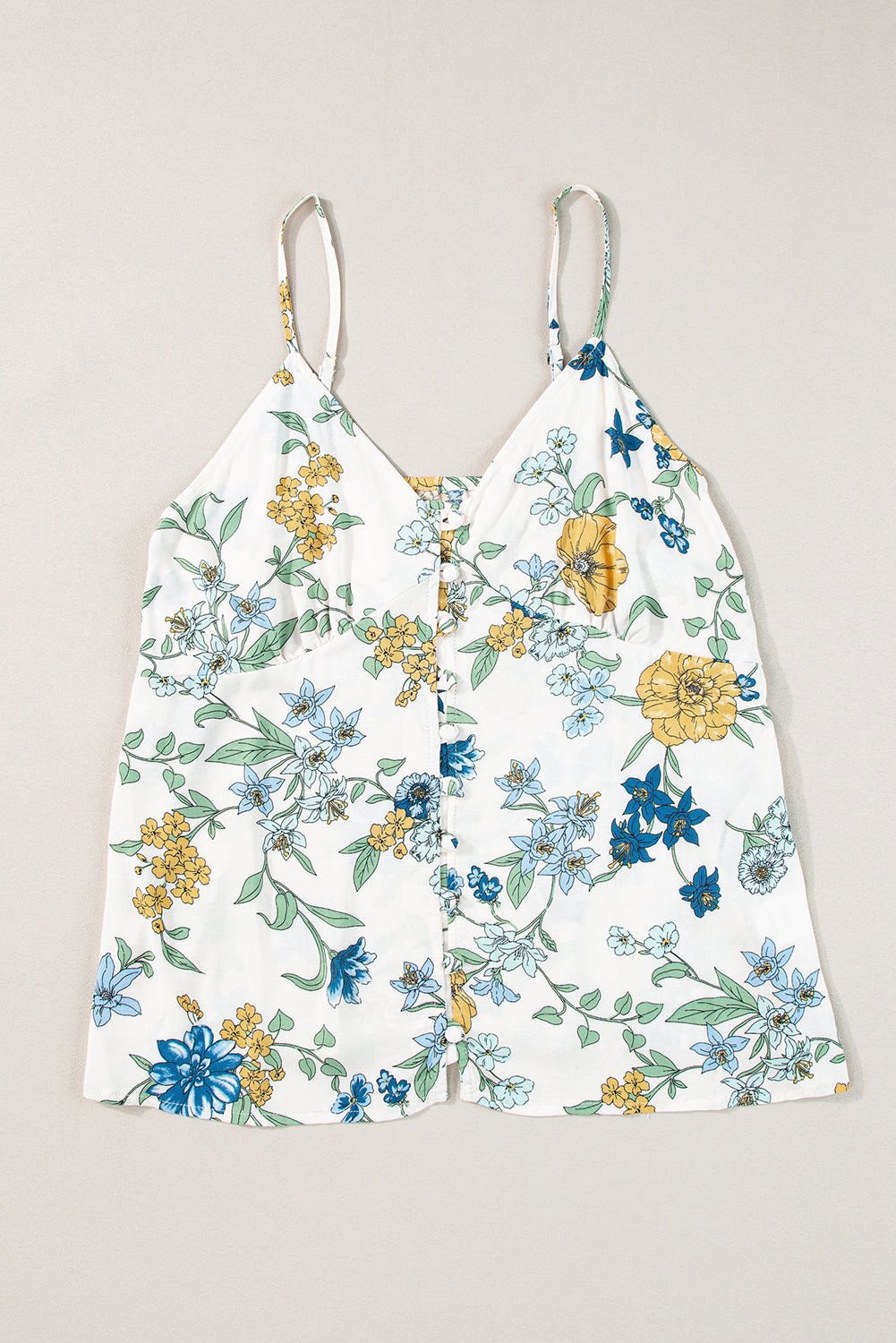 Beige Boho Floral Print Buttoned V Neck Cami Top - Vesteeto