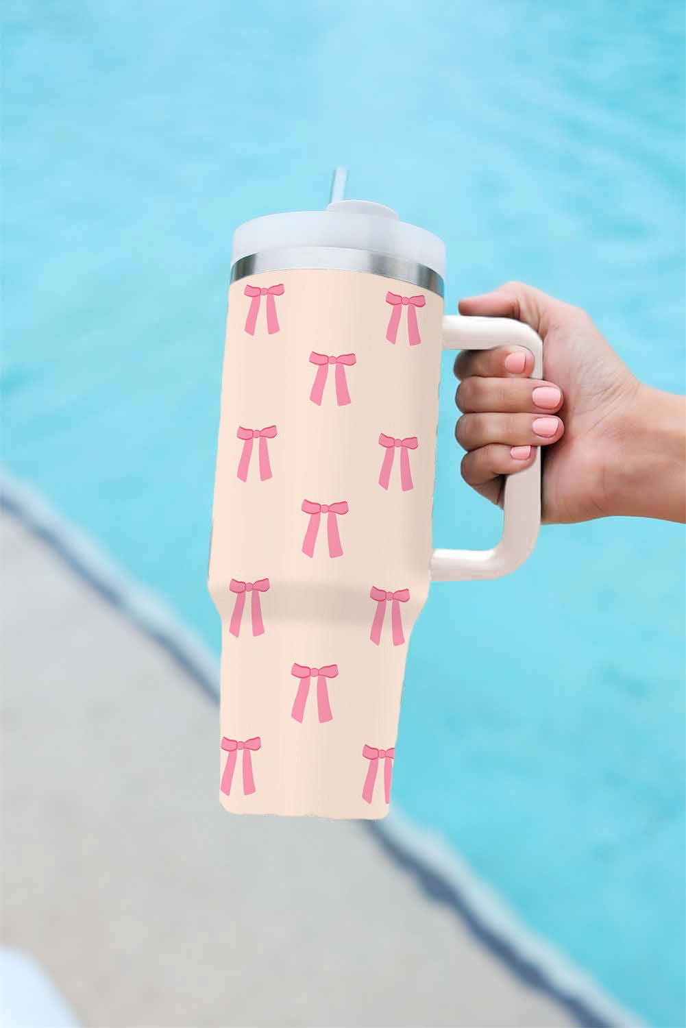 Beige Bow Knot Print Stainless Steel Handled Tumbler 40oz - Vesteeto