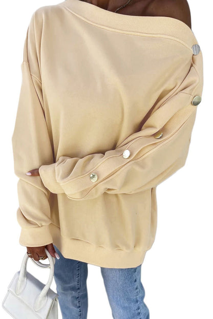 Beige Buttoned Sleeve Asymmetric Neck Oversized Sweatshirt - Vesteeto