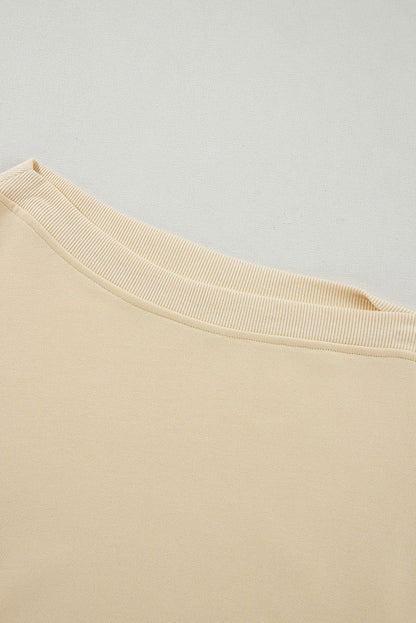 Beige Buttoned Sleeve Asymmetric Neck Oversized Sweatshirt - Vesteeto