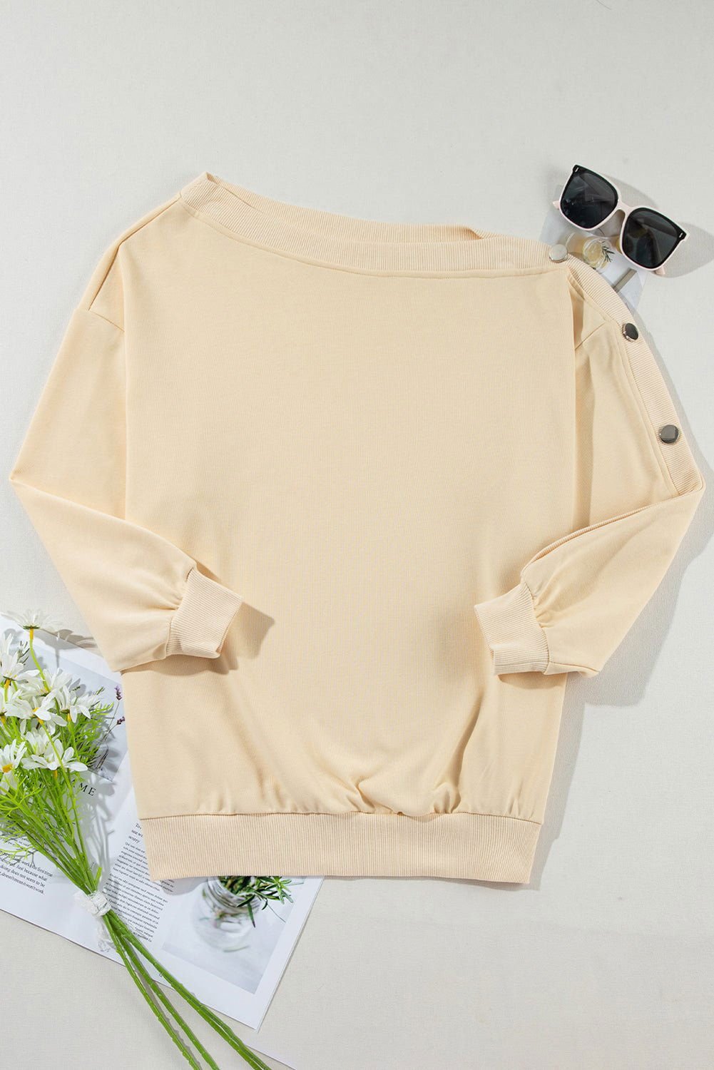 Beige Buttoned Sleeve Asymmetric Neck Oversized Sweatshirt - Vesteeto